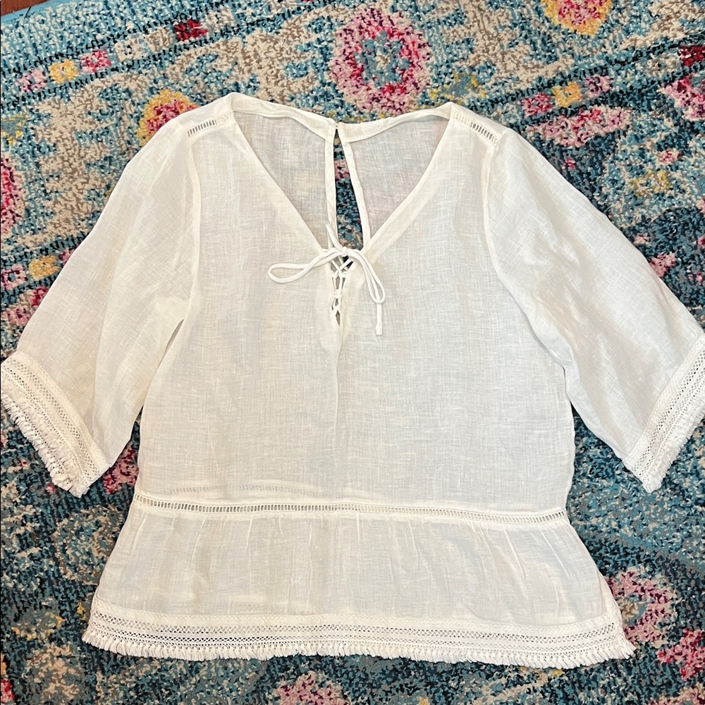 120% Lino White Tie-Front Blouse